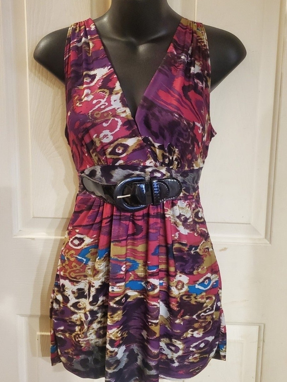 Sleeveless V-Neck Y2K Multi-Print Blouse in Purple By Candy Rain